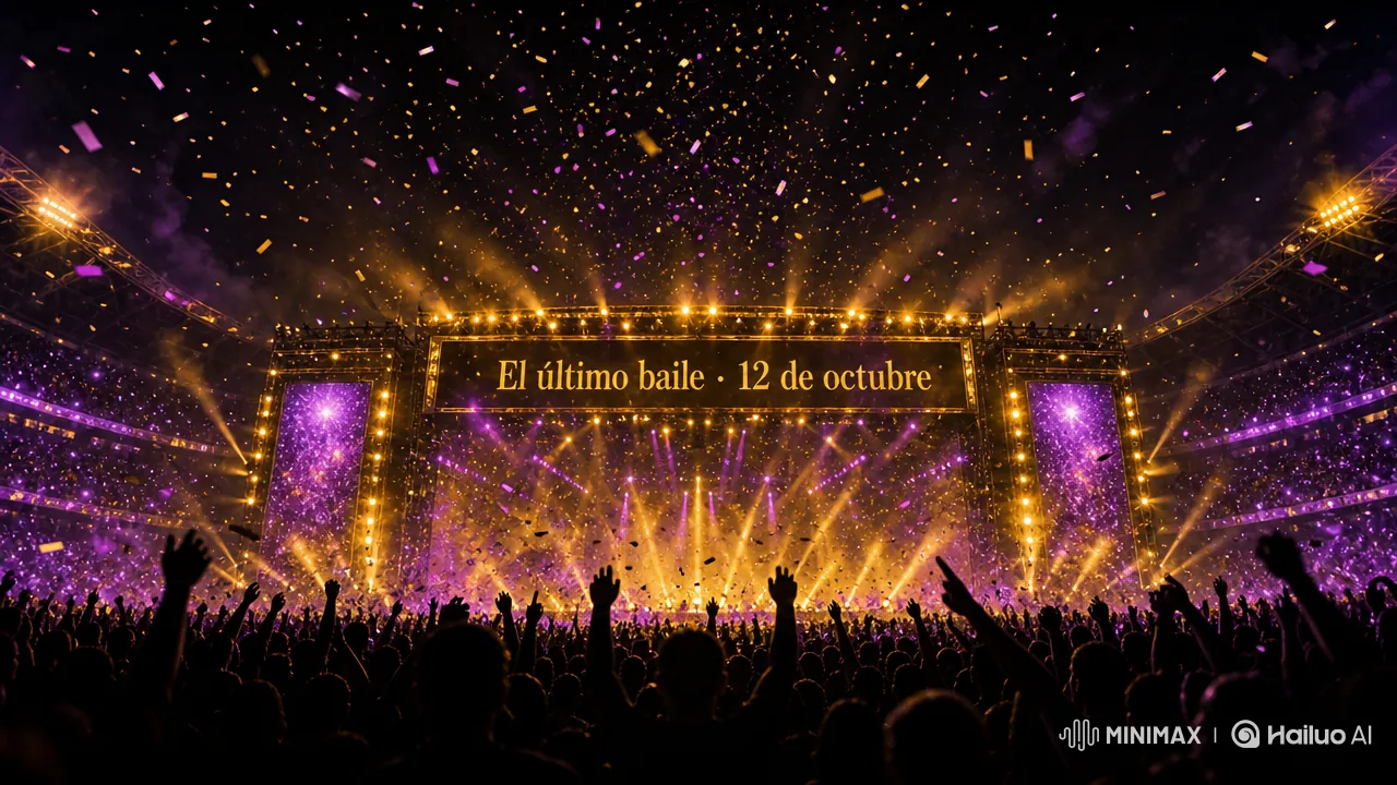 Escenario de estadio iluminado en dorado y púrpura, con confeti y el letrero “El último baile · 12 de octubre”